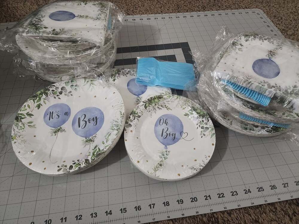 It's a Boy Blue Balloon Eucalyptus Baby Shower Party Supplies Set 24 plates